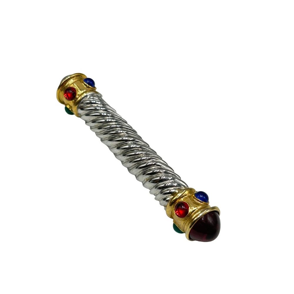 80s 90s Jeweled Bar Pin Brooch Two Tones Silver Gold Jewel Tones Glass Cabochons